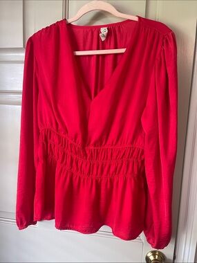 dolan Bright Red V-Neck Smocked Waist Blouse